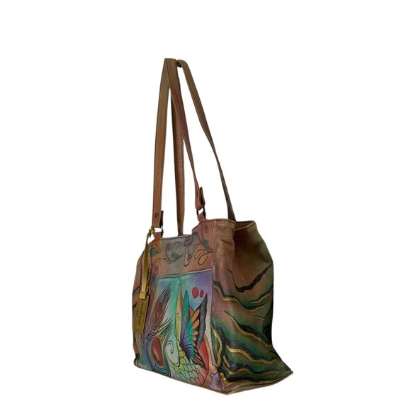 Anuschka Painted Butterfly Leather Hobo Shoulder Bag Zip Top Purse Dual Straps - Picture 3 of 16